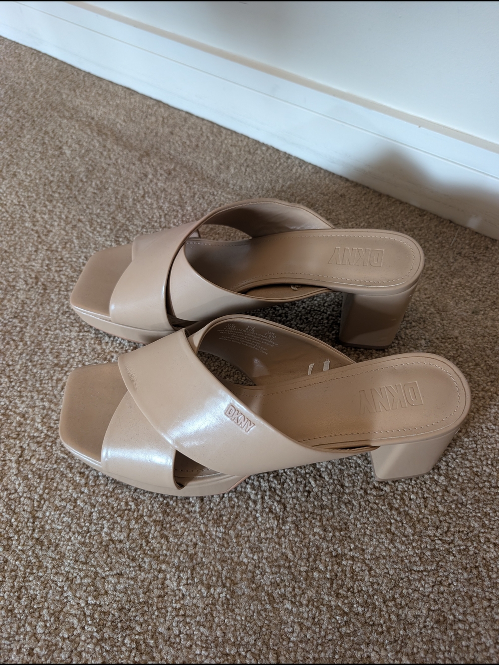 DKNY Beige Cross-Strap Block Heel Mules